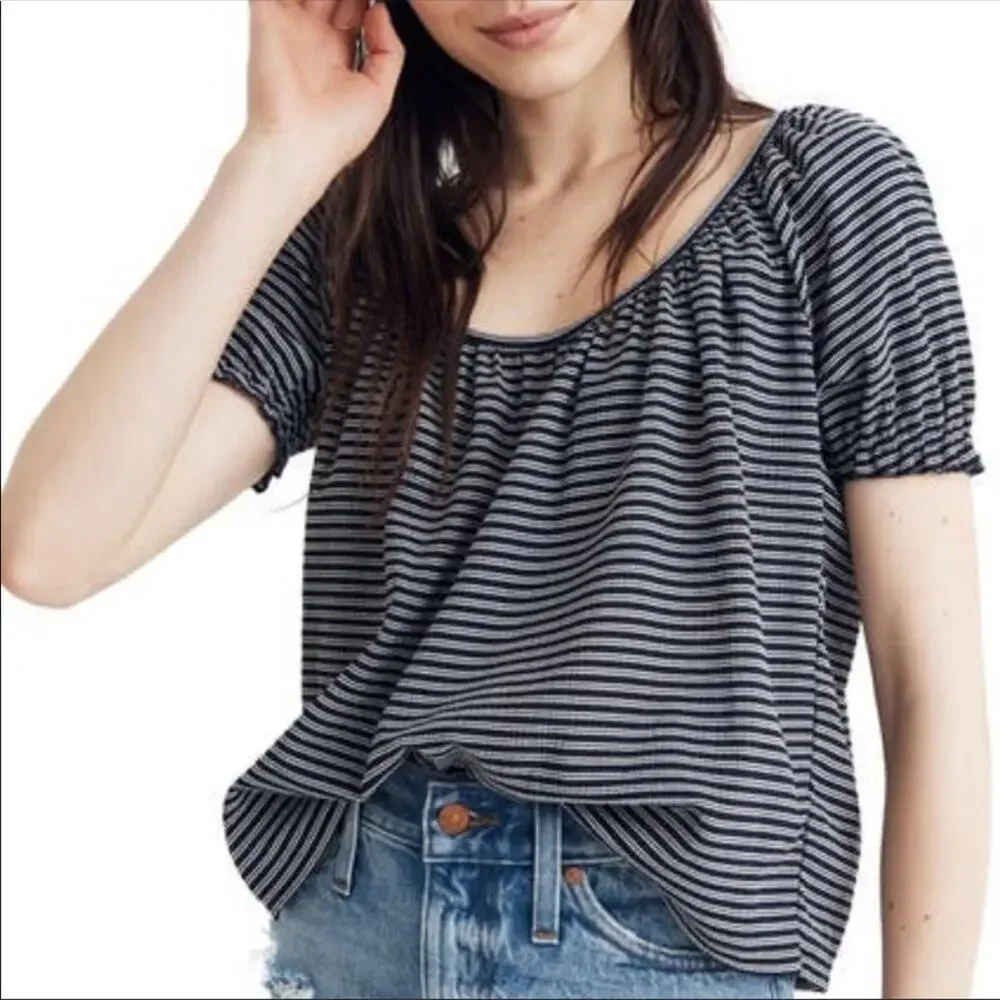 Madewell Texture & Thread Navy Stripe Peasant Top - Picture 2 of 13